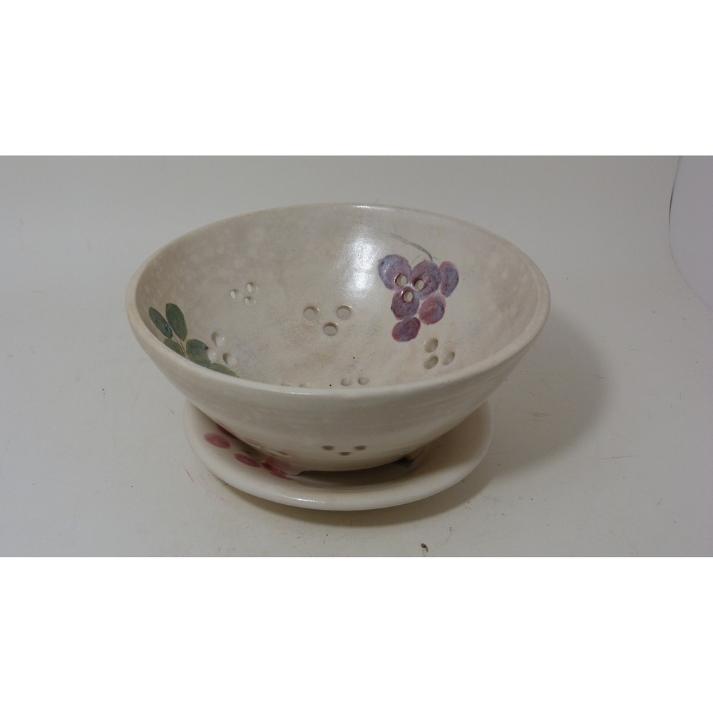 Sylvia Hand Painted Ceramic Berry Bowl with Saucer Grapes Berries Cream 7.5"